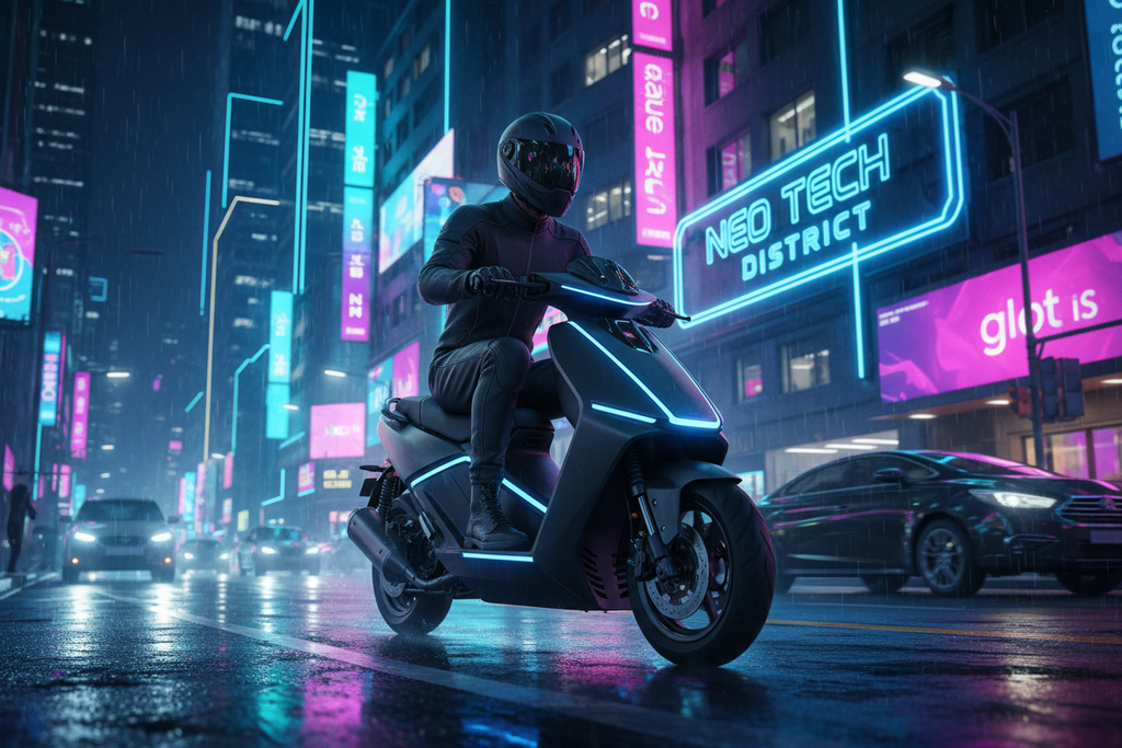Person riding Ramzel Pro Electric Scooter at night in the city